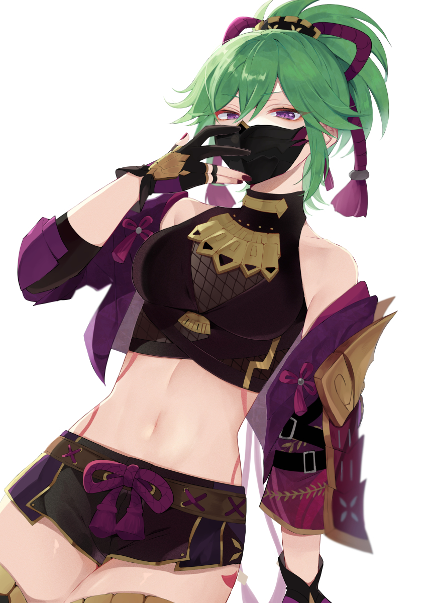 1girl, absurdres, armor, bare_shoulders, black_mask, crop_top, fingerless_gloves, fishnets