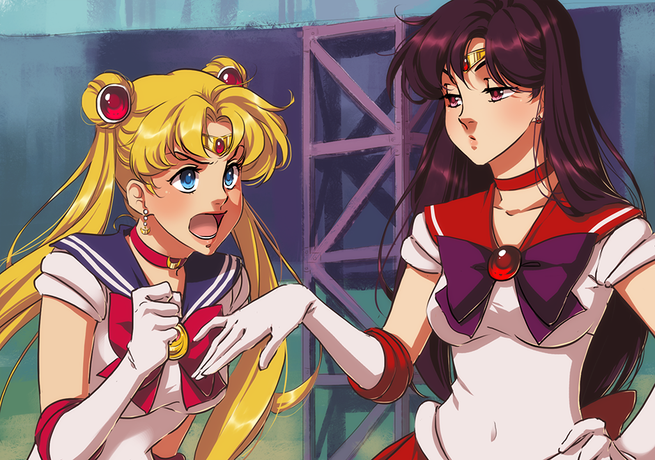 2girls, :o, angry, annoyed, bishoujo_senshi_sailor_moon, bishoujo_senshi_sailor_moon_(first_season), black_hair, blonde_hair, blue_eyes, blush, bow, breasts, choker, clenched_hand, collarbone, derivative_work, double_bun, earrings, eflunn_(emilylunn), elbow_gloves, eye_contact, gloves, hair_bun, hair_ornament, hand_on_own_hip, hand_up, hino_rei, jewelry, long_hair, looking_at_another, magical_girl, medium_breasts, meme, multiple_girls, neck, necklace, open_mouth, parted_bangs, purple_bow, purple_eyes, red_bow, red_choker, sailor_mars, sailor_moon, sailor_moon_redraw_challenge_(meme), school_uniform, screenshot_redraw, serafuku, short_sleeves, straight_hair, tiara, tsukino_usagi, twintails, upper_body, very_long_hair, white_gloves