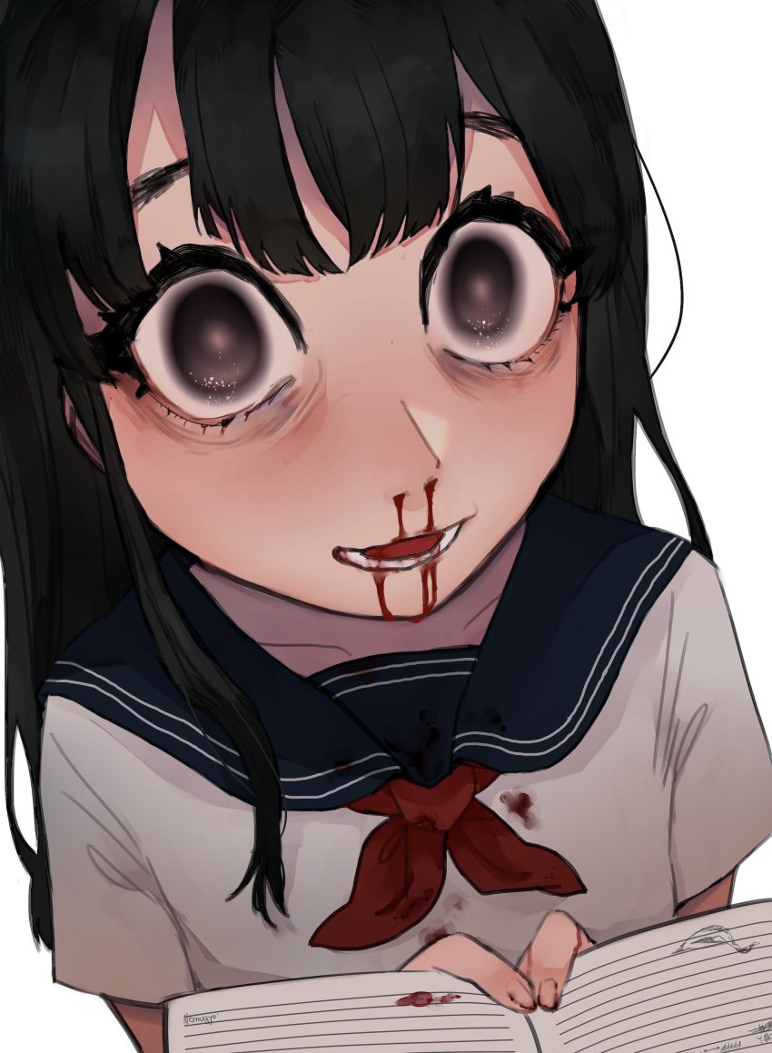 1girl, absurdres, bags_under_eyes, black_eyes, black_hair, blood, blood_on_clothes, close-up, crazy_eyes, eye_focus, eyelashes, from_above, fukamori_kotori, highres, holding, holding_notebook, medium_hair, nosebleed, notebook, original, parted_bangs, school_uniform, serafuku, thick_eyelashes, wide-eyed