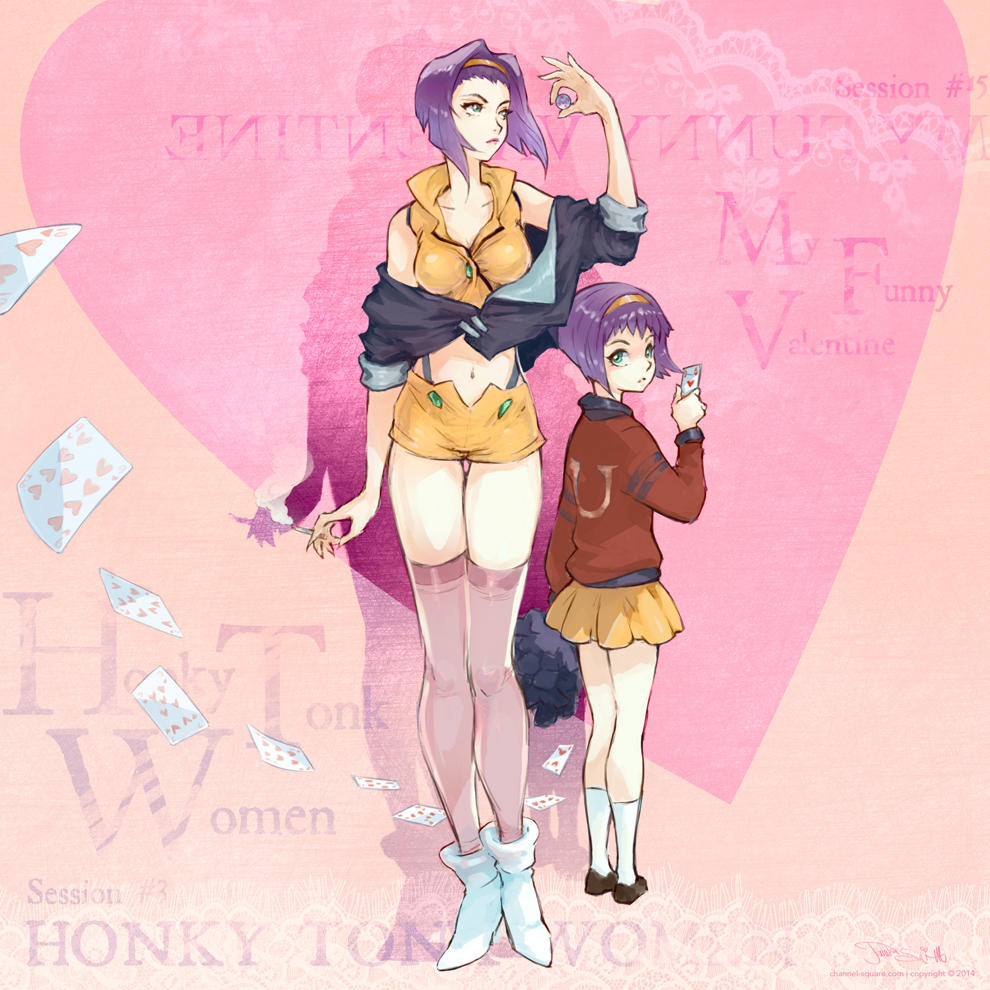 2girls, age_difference, breasts, brown_footwear, card, channelsquare, cowboy_bebop, dual_persona, english_text, faye_valentine, green_eyes, heart, jacket, looking_at_object, multiple_girls, purple_hair, red_jacket, size_difference, skirt, white_footwear