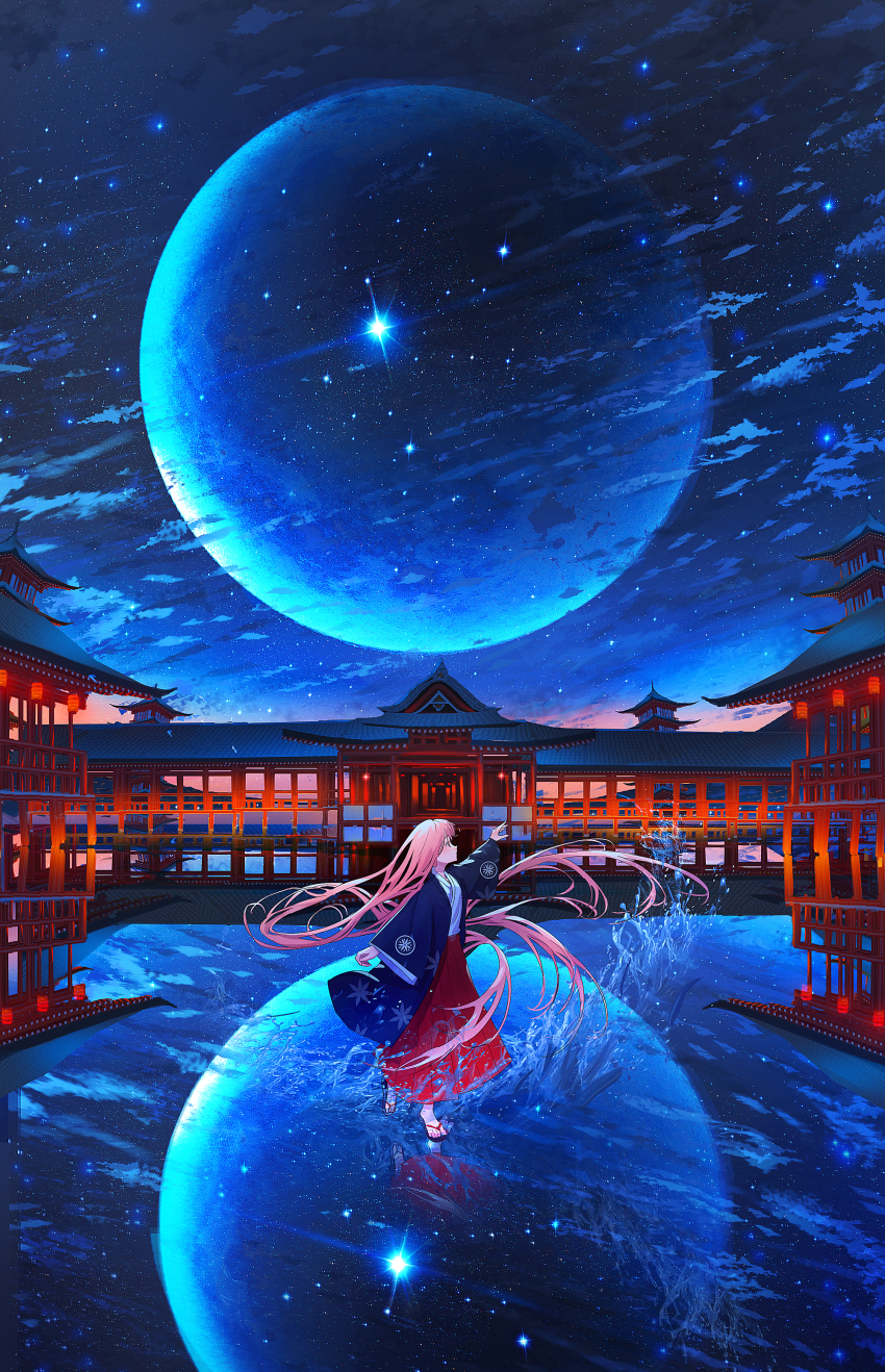 1girl, absurdres, architecture, blue_sky, cloud, east_asian_architecture, highres, itsukushima_shrine, japanese_clothes, kenzo_093, kimono, long_hair, looking_away, original, pink_eyes, pink_hair, scenery, sky, solo, standing, standing_on_liquid, star_(sky), starry_sky