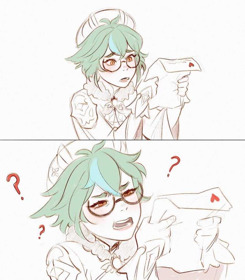 1girl, ?, aleikats, fur_trim, genshin_impact, gloves, green_hair, headgear