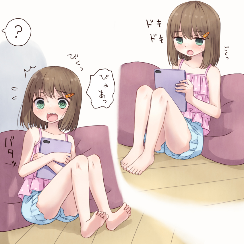 1girl, ?, @_@, ^^^, bare_arms, bare_shoulders, barefoot, blue_shorts, brown_hair, camisole, collarbone, commentary_request, flying_sweatdrops, green_eyes, hair_ornament, hairclip, highres, holding, knees_up, layered_camisole, multiple_views, open_mouth, original, pink_camisole, polka_dot, polka_dot_camisole, shadow, short_shorts, shorts, sitting, soles, spoken_question_mark, tablet_pc, tears, translation_request, wooden_floor, yuyuzuki_(yume_usagi)