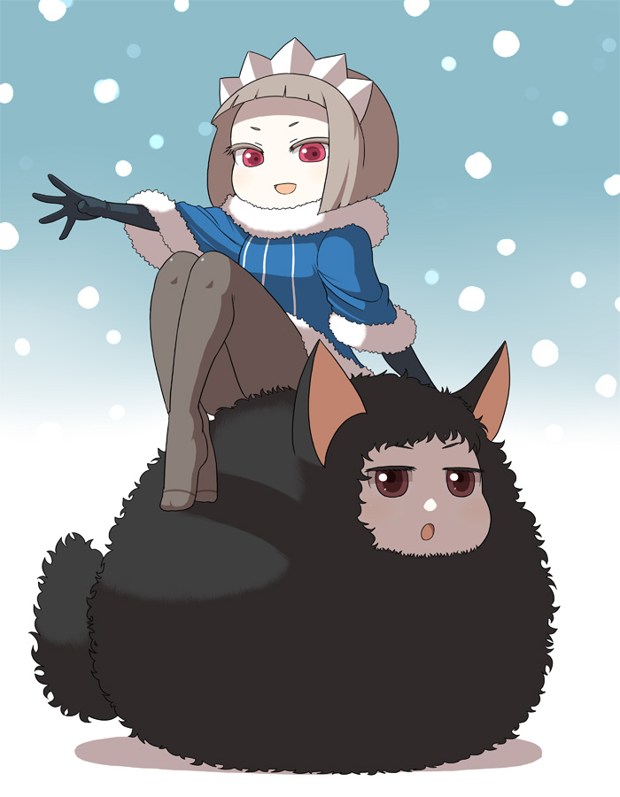 1girl, animal_ears, black_hair, brown_eyes, elbow_gloves, female_focus, gloves, grey_hair, ken_(koala), mofutter, open_mouth, original, pantyhose, queen_of_icicle, red_eyes, short_hair, solo, tail, tiara