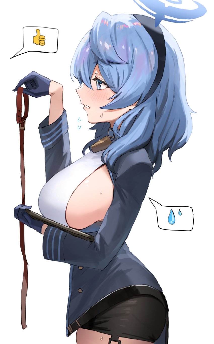 1girl, absurdres, ako_(blue_archive), black_skirt, blue_archive, blue_hair, blue_jacket, breasts, garter_straps, halo, highres, holding, horn/wood, jacket, large_breasts, looking_at_another, pencil_skirt, profile, shirt, sideboob, simple_background, skirt, solo, spoken_sweatdrop, spoken_thumbs_up, sweatdrop, white_background, white_shirt