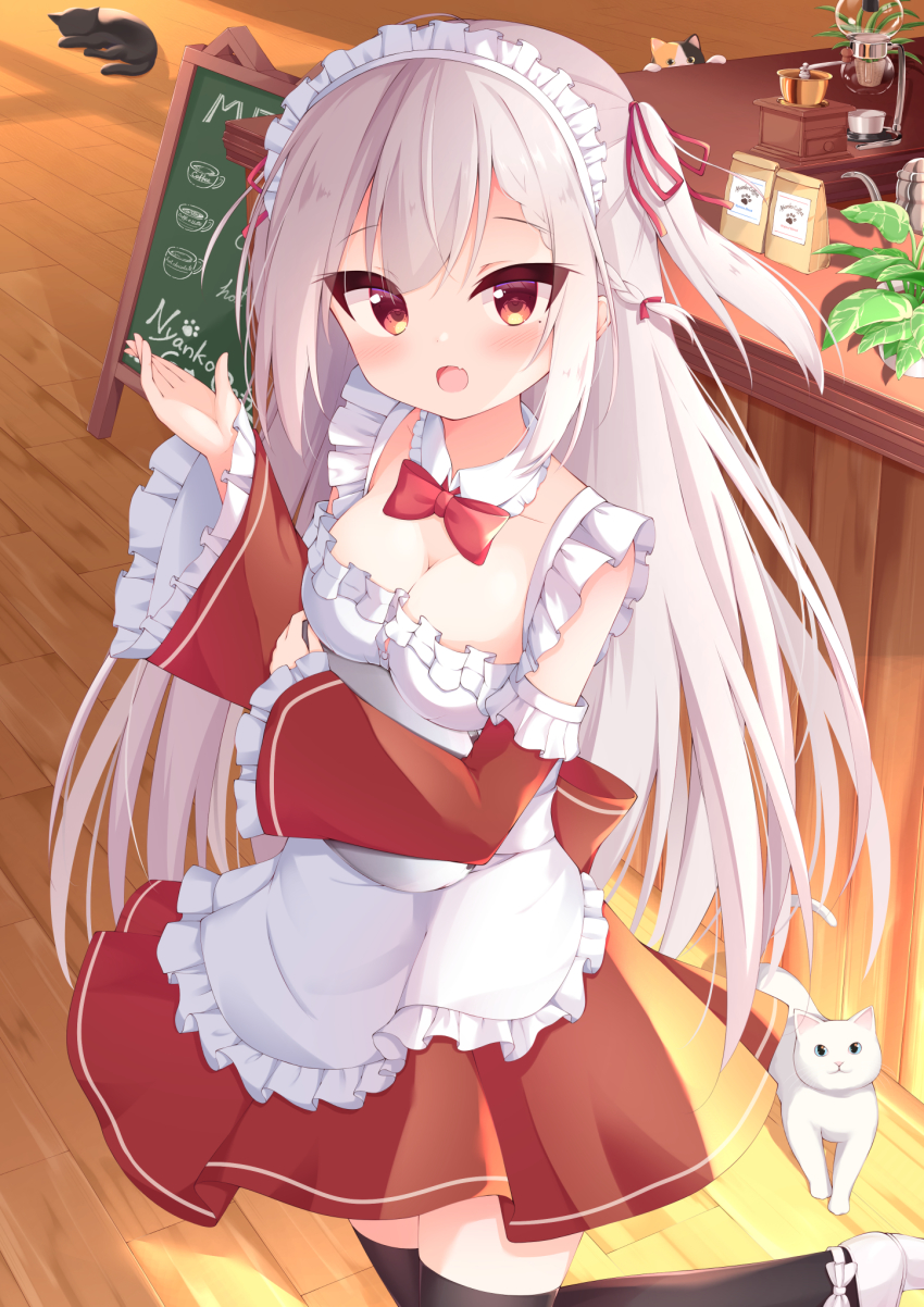 1girl, :d, apron, bag, black_cat, bow, bowtie, braid