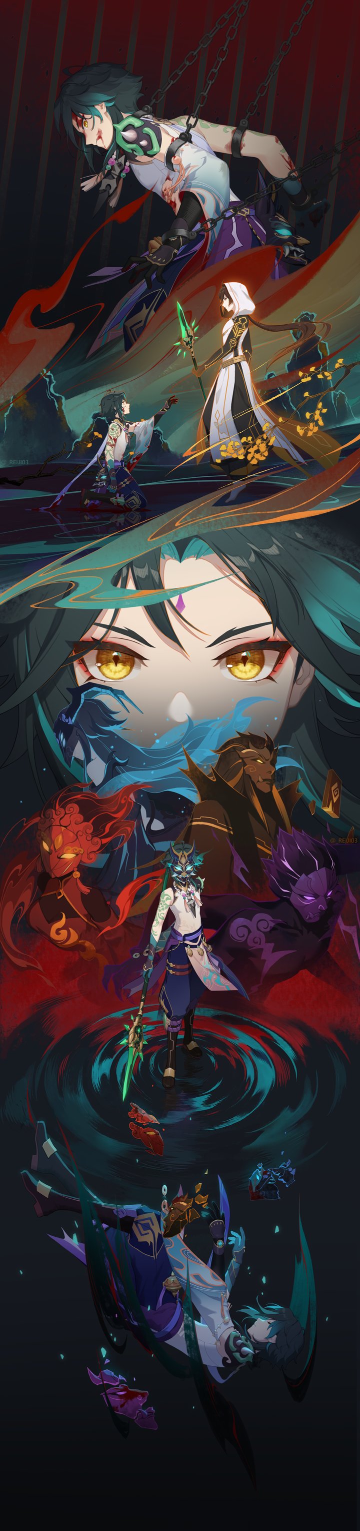 absurdres, bead_necklace, beads, bonanus_(genshin_impact), bosacius_(genshin_impact), broken_mask, chain, facial_mark