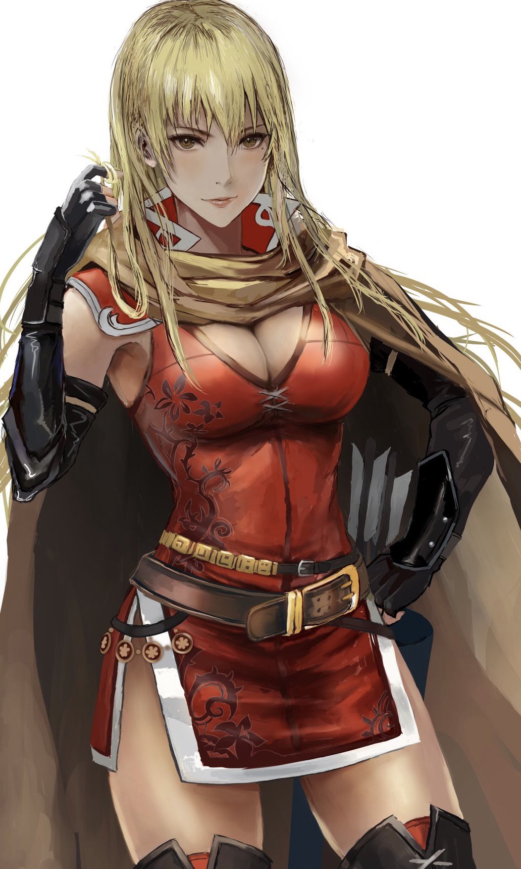 1girl, arrow_(projectile), belt, black_gloves, blonde_hair, boots, breasts, brown_eyes
