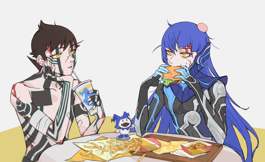 2boys, androgynous, armor, black_hair, blood, bodysuit, crossover, eating