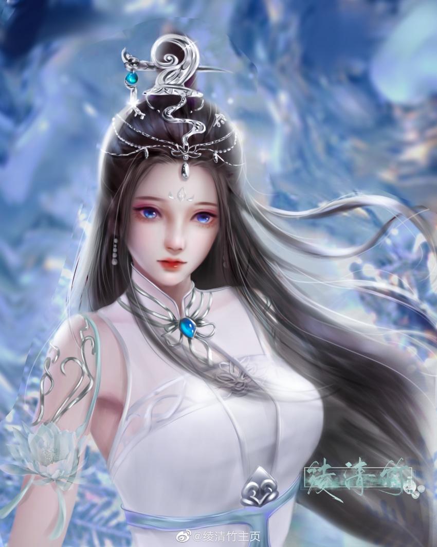 1girl, absurdres, black_hair, blue_background, blue_eyes, collared_dress, dress, expressionless