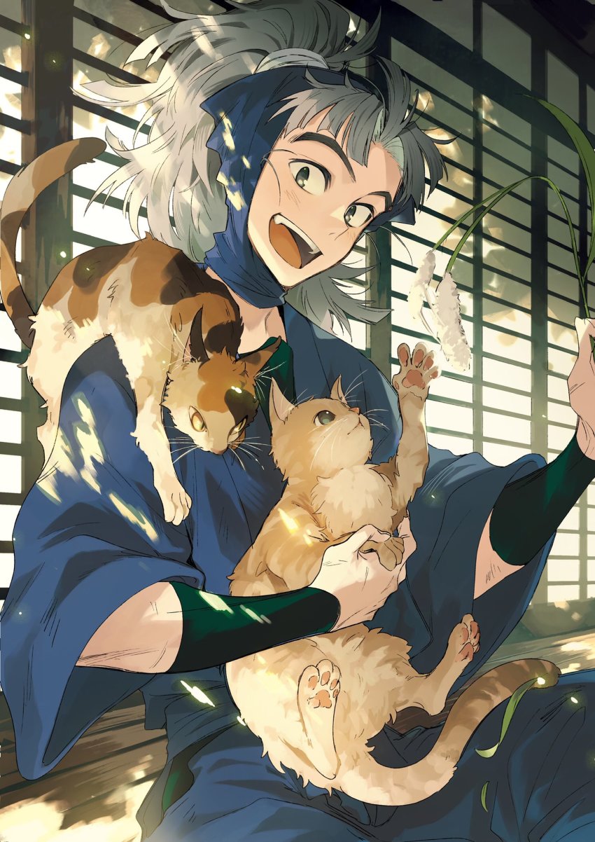1boy, animal, animal_on_shoulder, cat, cat_on_shoulder, green_eyes, grey_eyes, grey_hair