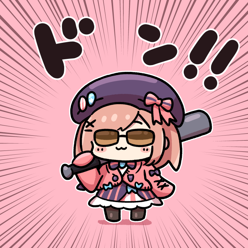 1girl, :3, arm_at_side, baseball_bat, beret, cardigan, chibi, dress