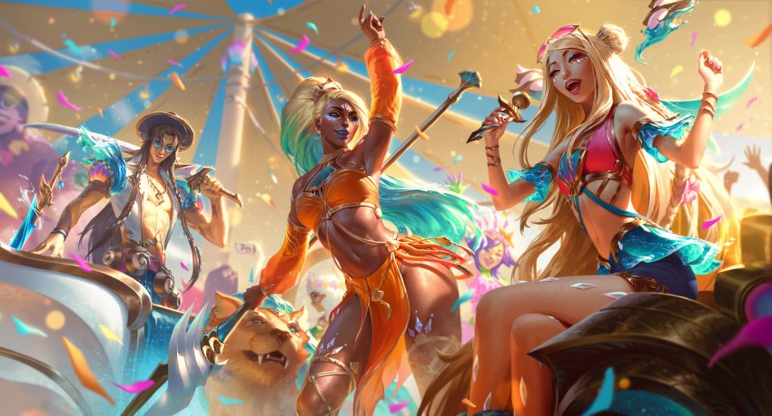 absurdres, highres, league_of_legends, nidalee, official_art, seraphine_(league_of_legends), tagme, yone_(league_of_legends)