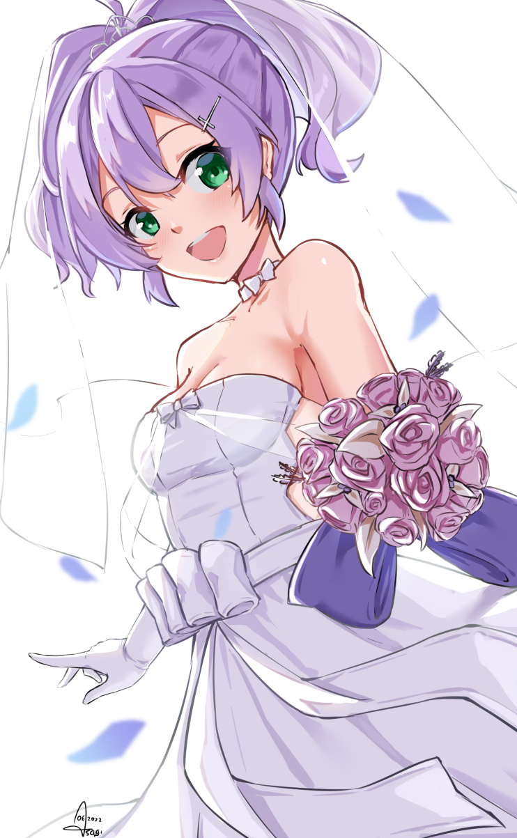 1girl, azur_lane, bouquet, breasts, bridal_gauntlets, bridal_veil, bride, cowboy_shot
