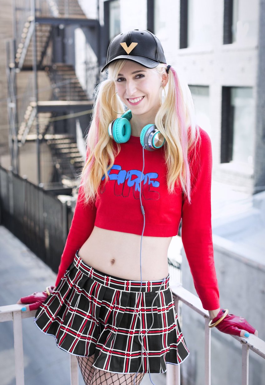 1girl, atlus, blonde_hair, breasts, brown_eyes, cosplay, dog, earrings