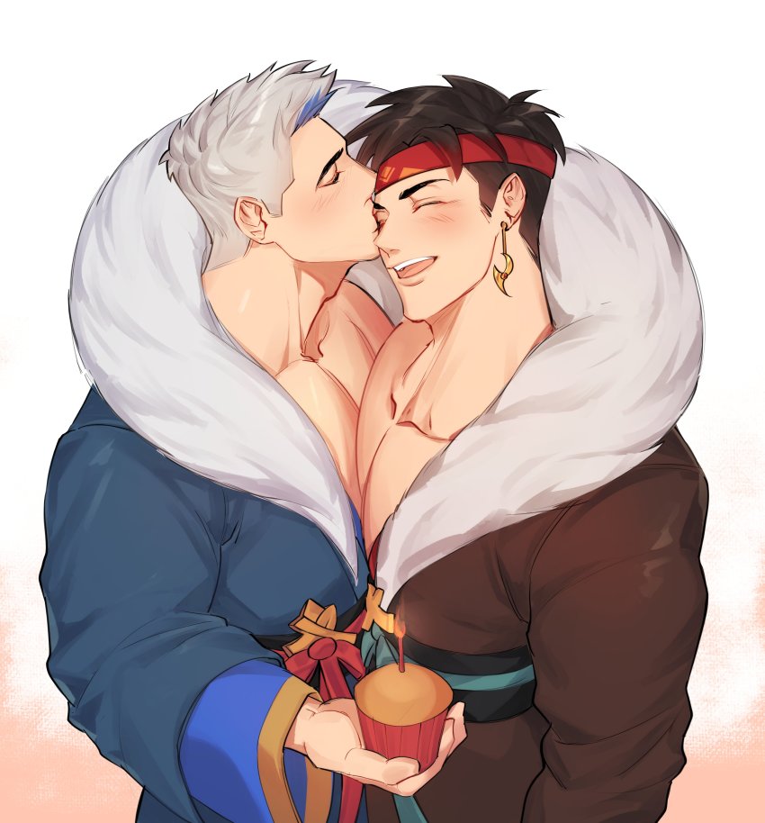2boys, absurdres, bare_pectorals, belt, black_hair, blue_hair, blush, brothers
