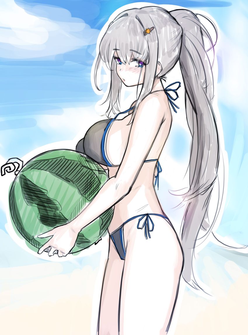 1girl, absurdres, bikini, black_bikini, blue_eyes, blush, breasts, counter:side