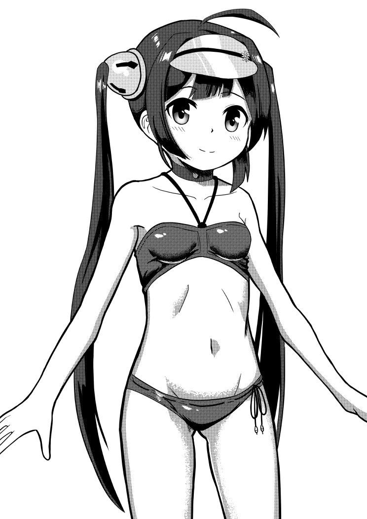 1girl, ahoge, azur_lane, bikini, breasts, choker, collarbone, cowboy_shot, greyscale, hairpods, halterneck, inora_(user_wsgk7323), long_hair, monochrome, outstretched_arms, ping_hai_(azur_lane), side-tie_bikini_bottom, small_breasts, solo, standing, swimsuit, twintails, visor_cap