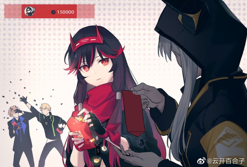 2boys, 2girls, bolt_(hardware), expressionless, hair_ornament, hongbao, hood, jacket, kamui:_bastion_(pgr), kamui_(pgr), karenina:_blast_(pgr), karenina_(pgr), lee:_palefire_(pgr), lee_(pgr), long_hair, looking_at_another, lucia:_lotus_(pgr), lucia_(pgr), multicolored_hair, multiple_boys, multiple_girls, punishing:_gray_raven, scarf, sparkle, throwing, two-tone_hair, white_hair, yunkai
