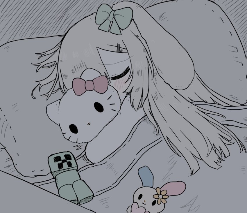 animal_ears, bed, blanket, blush, bow, creeper, hair_bow, hello_kitty