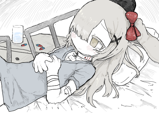 1girl, animal_ears, bandages, bed, choker, drugs, female_focus, grey_hair