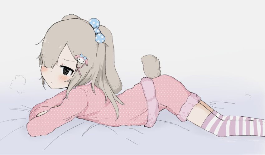 1girl, @_@, animal_ears, bed, crossed_arms, feet_out_of_frame, female_focus, from_side, hair_ornament, loli, looking_at_viewer, pajamas, rabbit_ears, rabbit_tail, simple_background, socks, solo, source_request, striped_clothes, striped_socks, vreparty, white_background