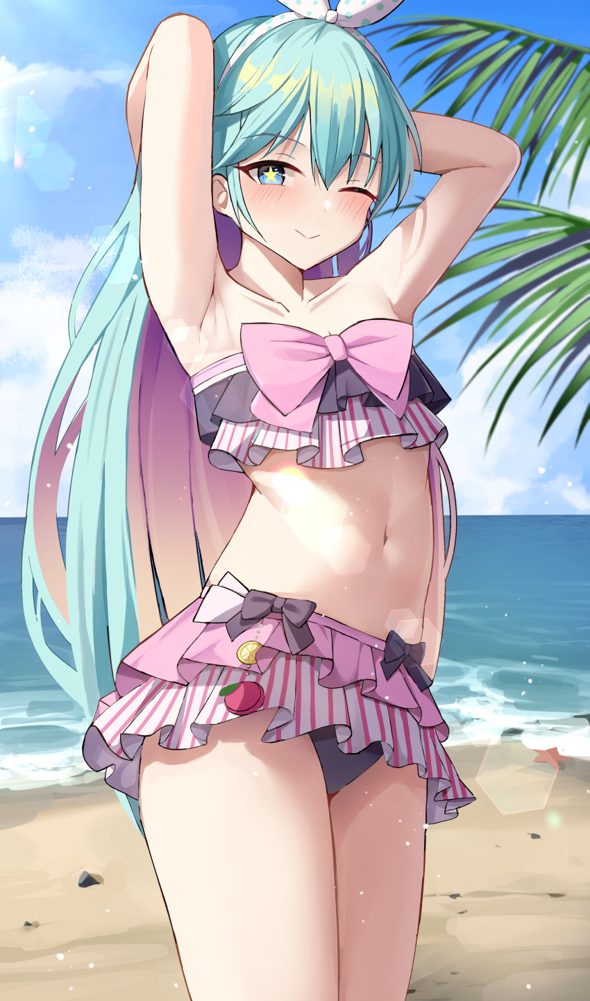 1girl, absurdres, aqua_hair, armpits, arms_behind_head, arms_up, artist_request, azusa_(blue_archive), azusa_(blue_archive)_(cosplay), azusa_(swimsuit)_(blue_archive), bare_arms, bare_shoulders, beach, bikini, bikini_skirt, blue_archive, blue_eyes, bow, bowtie, closed_mouth, collarbone, colored_inner_hair, cosplay, cowboy_shot, day, frilled_bikini, frills, hair_ribbon, highres, layered_bikini, long_hair, looking_at_viewer, midriff, multicolored_hair, navel, one_eye_closed, outdoors, purple_hair, ribbon, smile, solo, standing, star-shaped_pupils, star_(symbol), stomach, strapless, strapless_bikini, striped_bikini, striped_clothes, swimsuit, symbol-shaped_pupils, thighs, two-tone_hair, very_long_hair