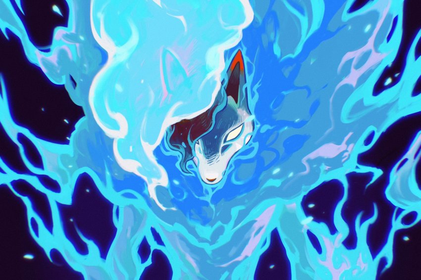 1other, alternate_color, animal_ears, animal_nose, blank_eyes, blue_fire, blue_hair, body_fur