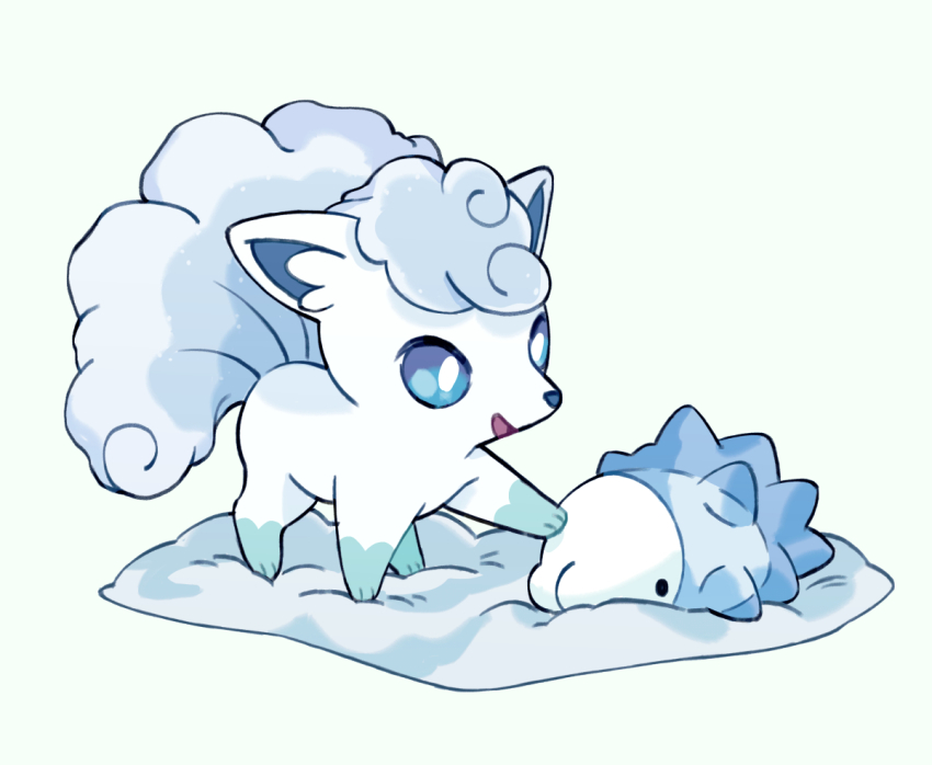 alolan_form, alolan_vulpix, blue_eyes, commentary, english_commentary, full_body, gen_1_pokemon, gen_7_pokemon, gen_8_pokemon, looking_at_another, mjoyart, nintendo, no_humans, open_mouth, pokemon, pokemon_(creature), poking, simple_background, snom, snow, standing, vulpix, white_background