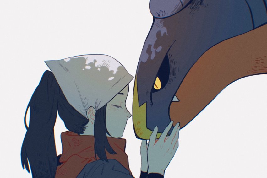 1girl, akari_(pokemon), black_sclera, blue_hair, blush, closed_eyes, closed_mouth, colored_sclera