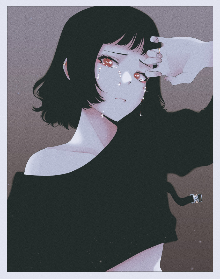 1girl, absurdres, black_shirt, border, dhjs_0010, gradient_background, grey_background, grey_border