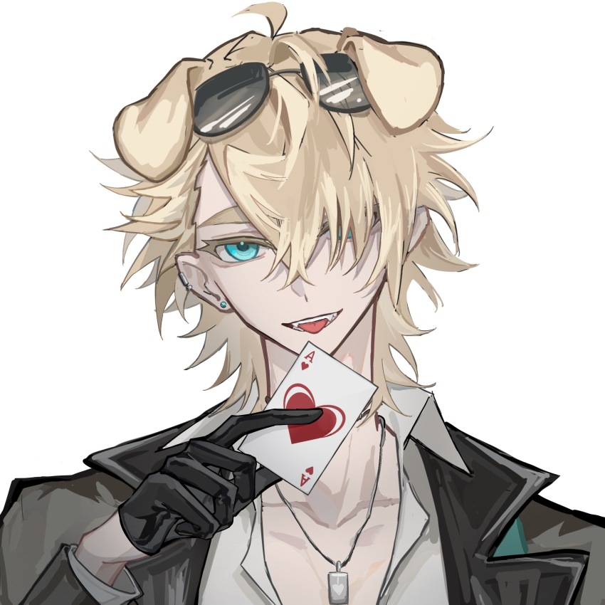 1boy, absurdres, ahoge, animal_ears, arknights, bishounen, black_gloves, blonde_hair, card, coat, dog_boy, dog_ears, dog_tags, ear_piercing, eyewear_on_head, fang, gloves, heart, highres, jewelry, male_focus, necklace, nekoredo, open_mouth, piercing, shirt, short_hair, solo, sunglasses, tequila_(arknights), upper_body, white_shirt