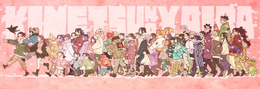 6+boys, 6+girls, agatsuma_zenitsu, aqua_hair, beads, bird, black_hair, black_jacket