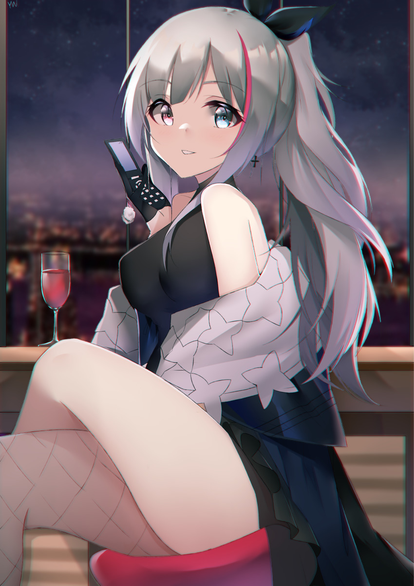 1girl, absurdres, black_dress, black_gloves, blue_eyes, breasts, cellphone, city_lights