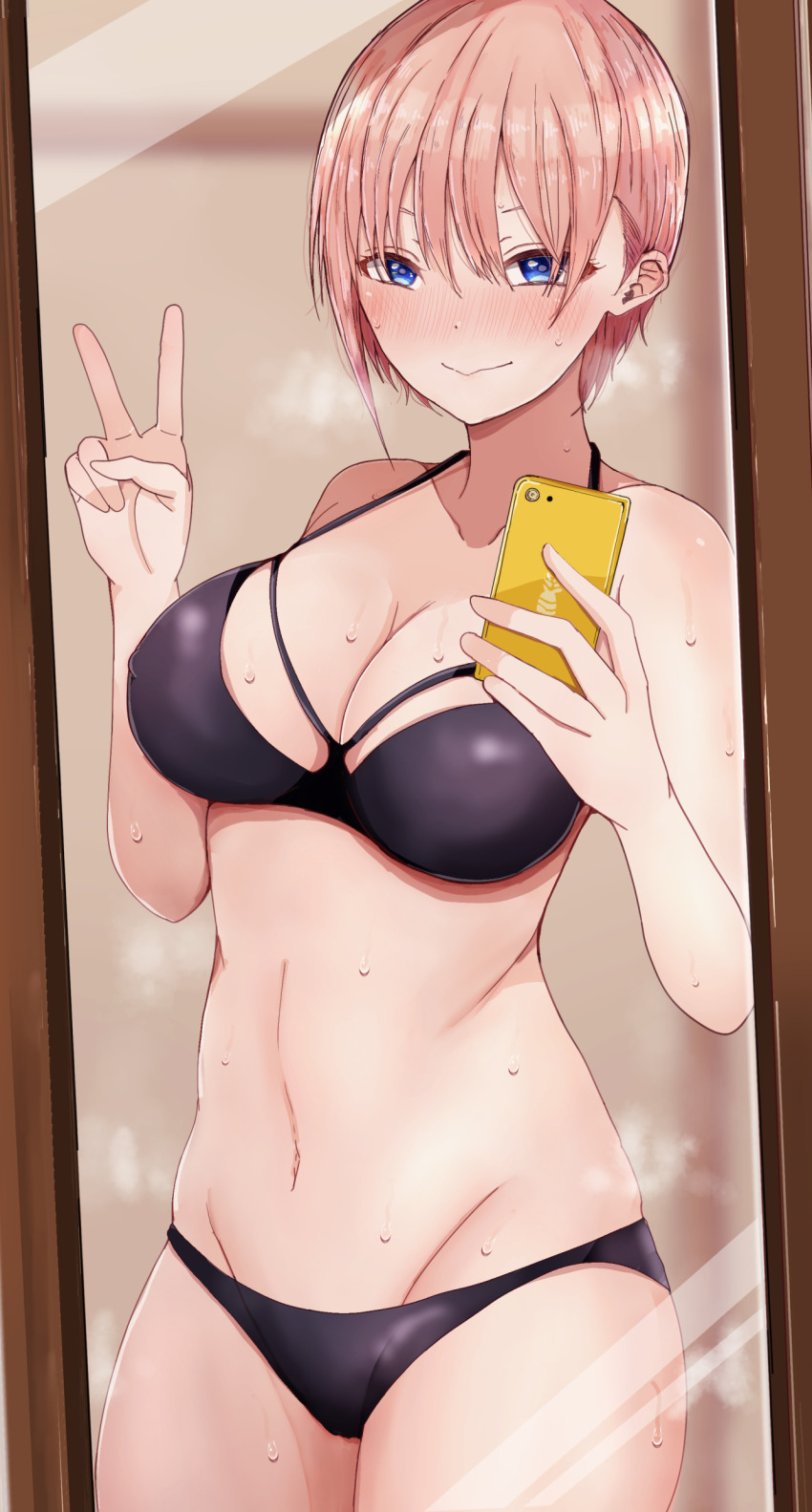 1girl, absurdres, bare_shoulders, bikini, black_bikini, blue_eyes, blush, breasts, breath, cellphone, cleavage, collarbone, cowboy_shot, go-toubun_no_hanayome, groin, hair_between_eyes, halterneck, highres, holding, holding_phone, large_breasts, mebunryo_(mebunryo2), mirror, mirror_selfie, nakano_ichika, navel, phone, pink_hair, reflection, revision, selfie, short_hair, smartphone, smile, solo, stomach, sweat, swimsuit, thighs, v
