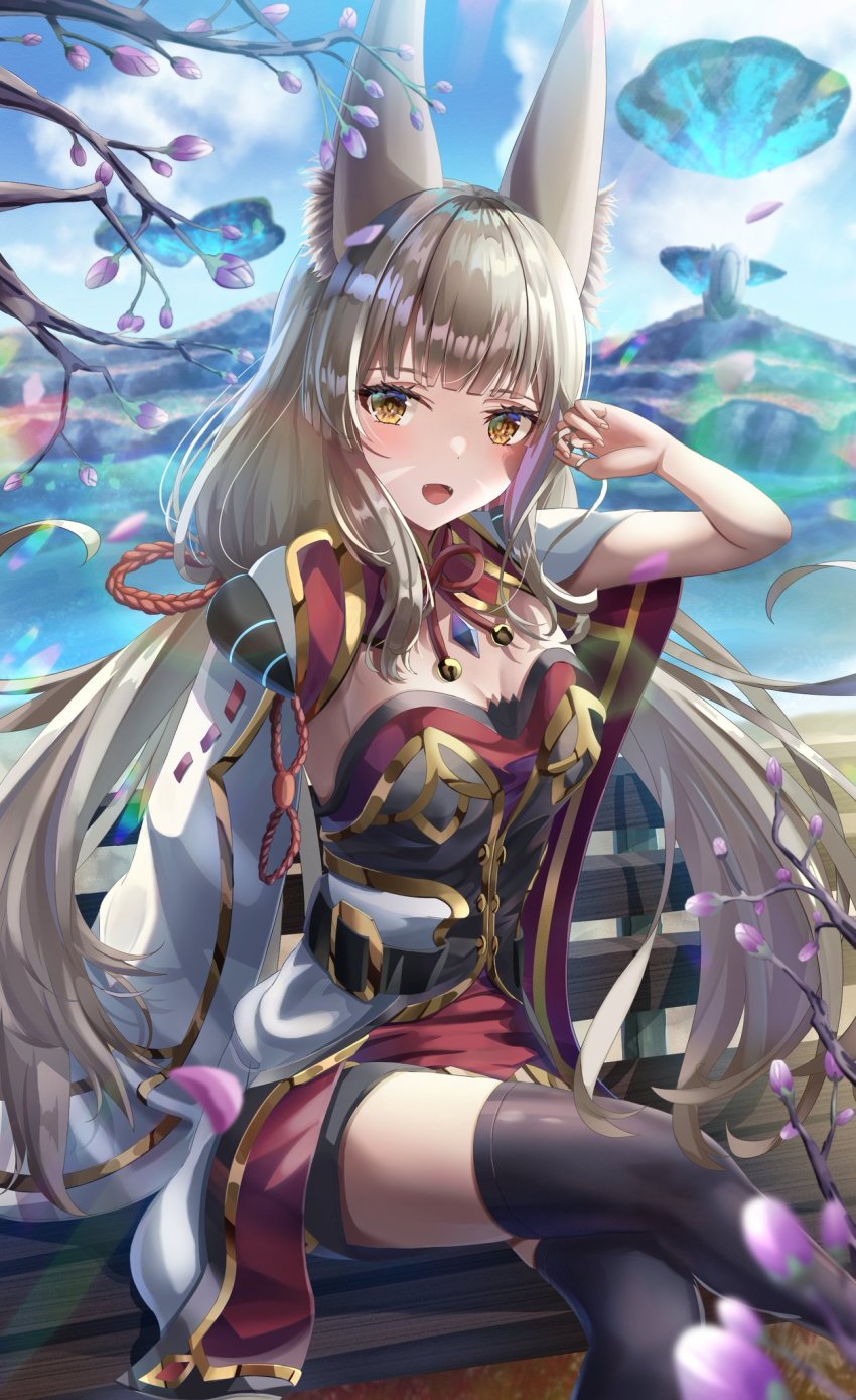 1girl, alternate_costume, animal_ears, black_thighhighs, blunt_bangs, bonbon1402336, breasts, cat_ears, chest_jewel, cleavage_cutout, clothing_cutout, cosplay, crossed_legs, dress, facial_mark, floating_island, hand_in_own_hair, highres, long_hair, looking_at_viewer, low_twintails, melia_antiqua, melia_antiqua_(cosplay), nia_(blade)_(xenoblade), nia_(xenoblade), ocean, open_mouth, sitting, small_breasts, smile, solo, thighhighs, twintails, two-tone_dress, very_long_hair, xenoblade_chronicles_(series), xenoblade_chronicles_1, xenoblade_chronicles_2, yellow_eyes