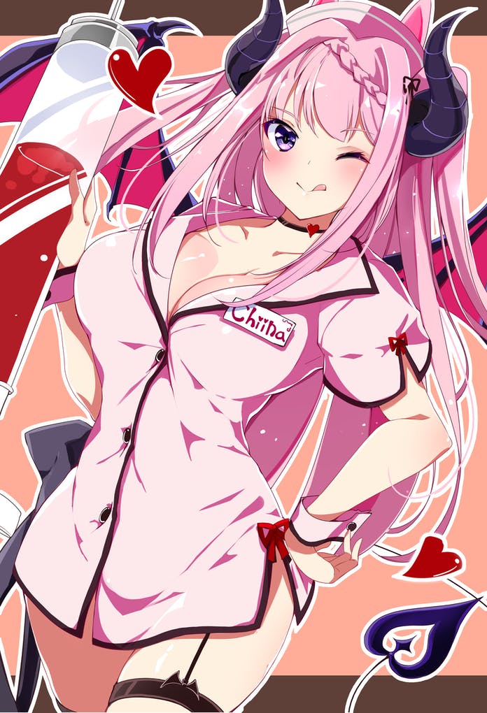 1girl, atsumori_chiina, breasts, brown_background, commission, crispy_crispy, demon_girl, demon_horns, demon_tail, horns, large_breasts, lingerie, looking_at_viewer, multicolored_background, mutou_kurihito, nurse, one_eye_closed, pink_background, pink_hair, purple_eyes, skeb_commission, solo, syringe, tail, tongue, tongue_out, underwear, virtual_youtuber