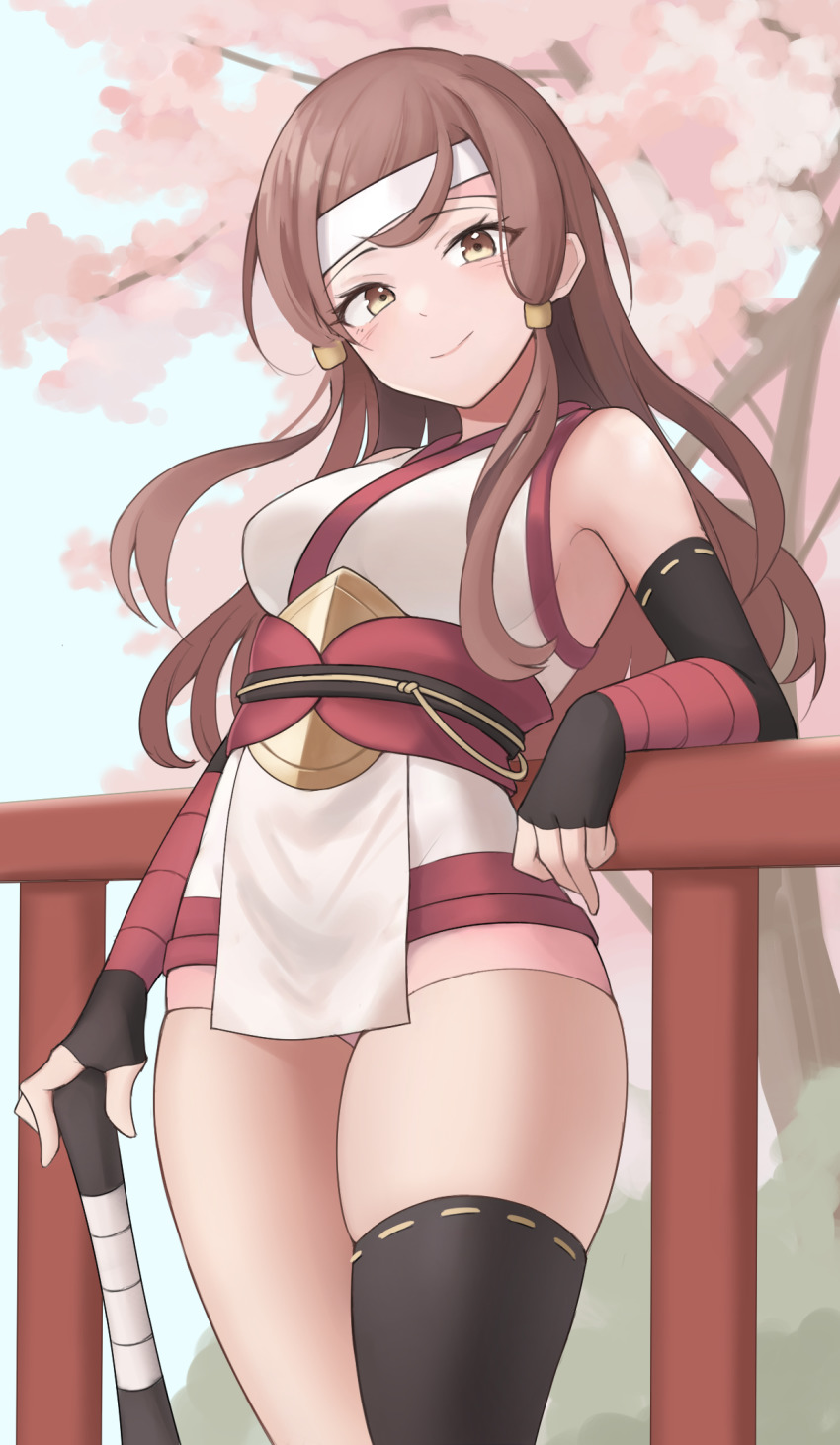 1girl, armpits, aura_(aurapls), bare_shoulders, black_gloves, black_thighhighs, brown_eyes, brown_hair, closed_mouth, cowboy_shot, elbow_gloves, fingerless_gloves, fire_emblem, fire_emblem_fates, fire_emblem_heroes, gloves, hana_(fire_emblem), hana_(ninja)_(fire_emblem), headband, highres, long_hair, looking_at_viewer, ninja, nintendo, obi, official_alternate_costume, sash, shirt, single_thighhigh, skindentation, sleeveless, sleeveless_shirt, smile, solo, standing, thighhighs, thighs, white_shirt