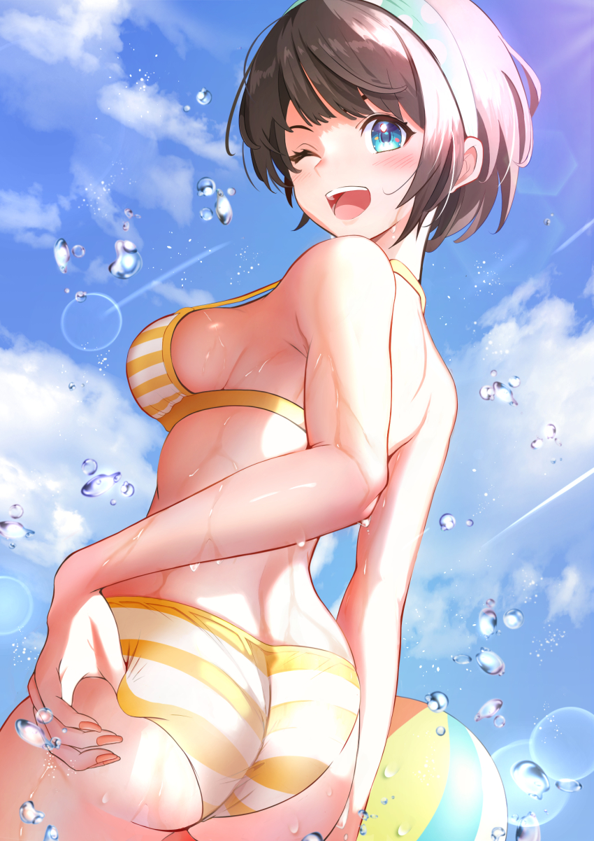 1girl, adjusting_clothes, adjusting_swimsuit, artist_request, ass, ball, bare_arms, bare_shoulders