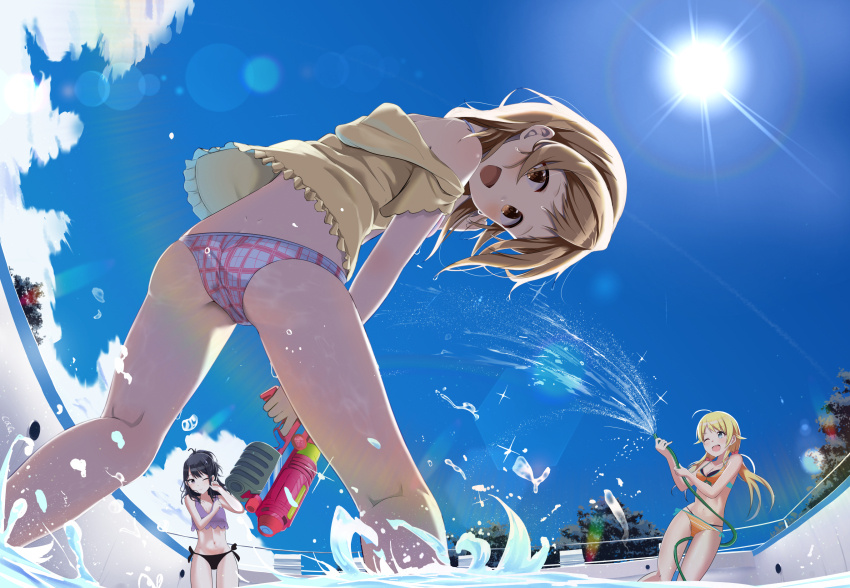 3girls, ;d, ass, bare_shoulders, bikini, black_bikini, black_hair, blonde_hair