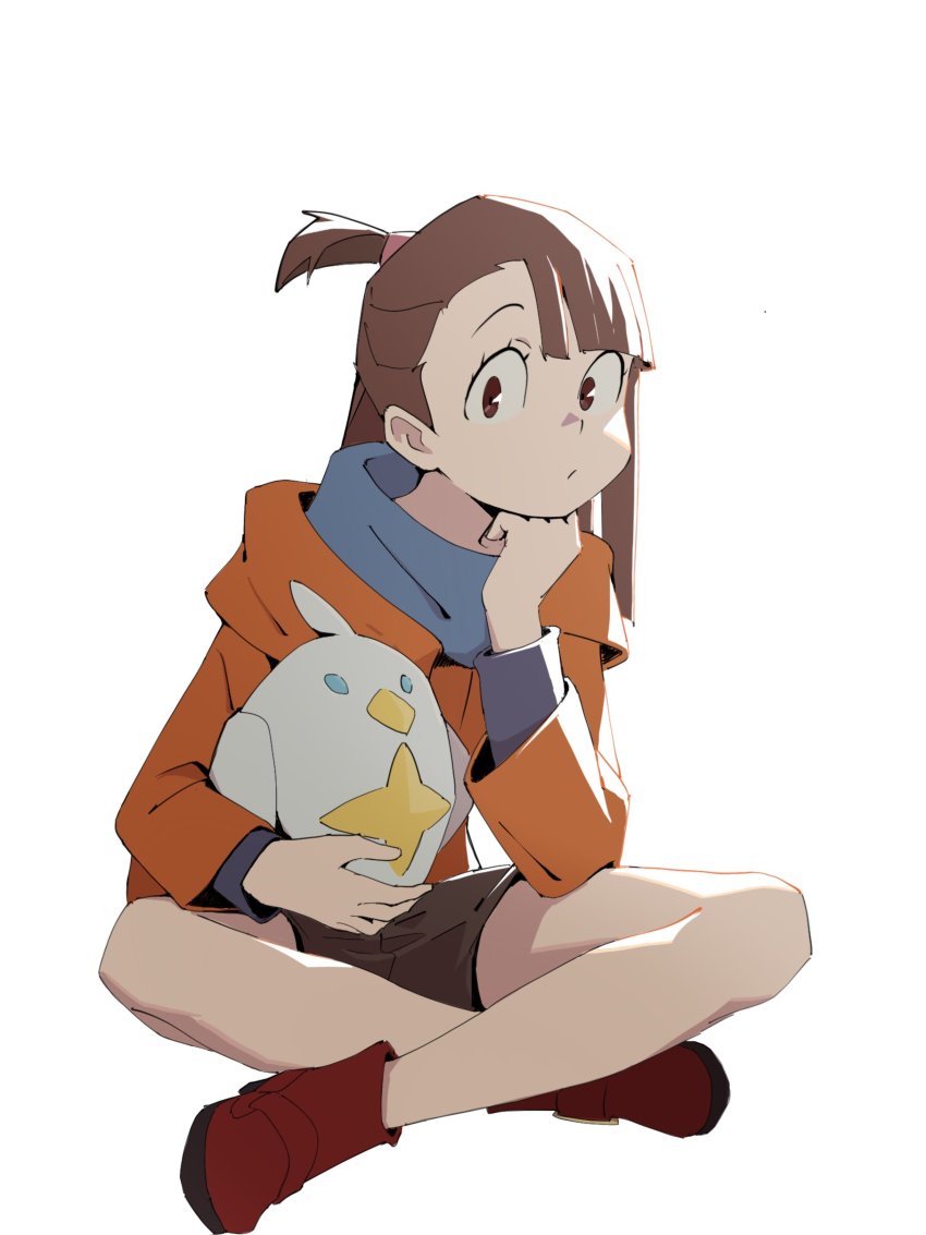 1girl, :/, absurdres, alcor_(little_witch_academia), asymmetrical_bangs, blue_scarf, blue_shirt, blunt_bangs