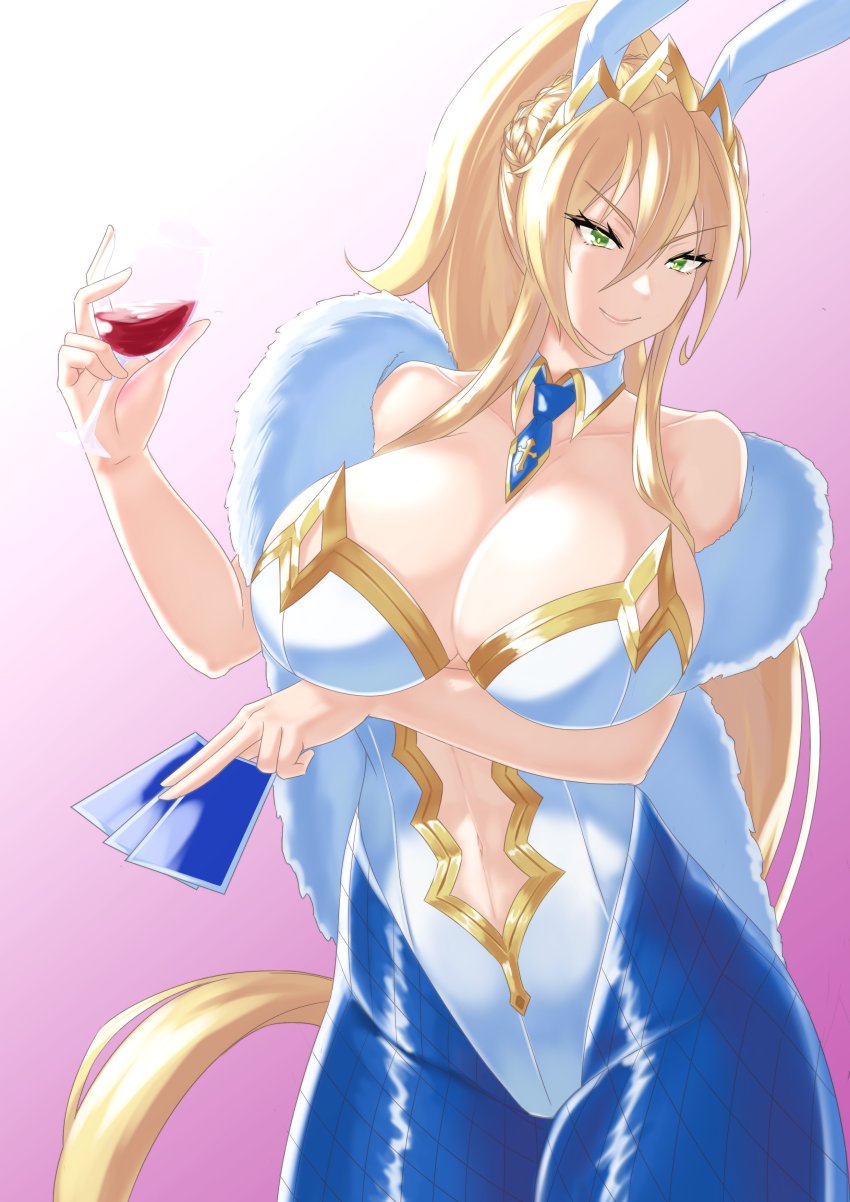 1girl, absurdres, alcohol, animal_ears, arm_under_breasts, artoria_pendragon_(fate), artoria_pendragon_(lancer)_(fate), artoria_pendragon_(swimsuit_ruler)_(fate)