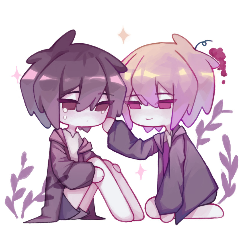 2boys, barefoot, brown_hair, chibi, chinese_commentary, closed_mouth, crying, eyes_visible_through_hair, grey_jacket, grey_shorts, hair_between_eyes, highres, hood, hooded_jacket, isoi_haruki, jacket, kneeling, long_sleeves, male_focus, momomi, multiple_boys, open_clothes, open_jacket, origin_alpha, pink_hair, red_eyes, saibou_shinkyoku, shirt, short_hair, shorts, simple_background, sitting, smile, spoilers, white_shirt