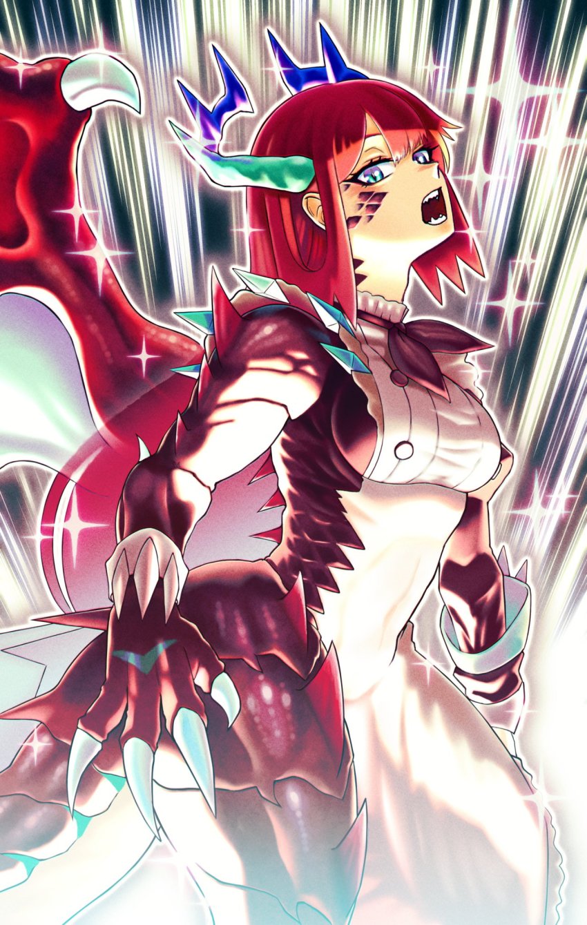 1girl, apron, blue_eyes, breasts, brown_dress, brown_neckerchief, claws, commentary_request, cowboy_shot, dragon_girl, dragon_horns, dragon_tail, dragon_wings, dragonmaid_(yu-gi-oh!), dress, duel_monster, emphasis_lines, fangs, green_horns, highres, horns, kitchen_dragonmaid, long_hair, long_sleeves, looking_at_viewer, maid, maid_apron, medium_breasts, neckerchief, open_mouth, puffy_long_sleeves, puffy_sleeves, red_hair, scales, shoulder_spikes, sidelocks, solo, sparkle, spikes, standing, tail, teeth, transformation, white_apron, wings, yu-gi-oh!, zidai_okuraven