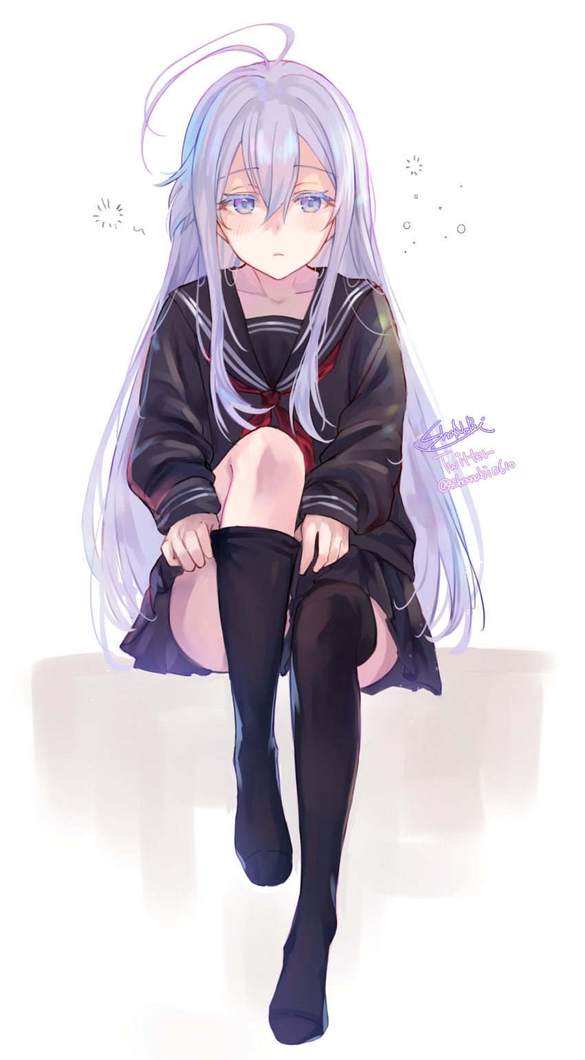 1girl, 86_-eightysix-, adjusting_clothes, adjusting_legwear, antenna_hair, artist_name, black_sailor_collar, black_serafuku