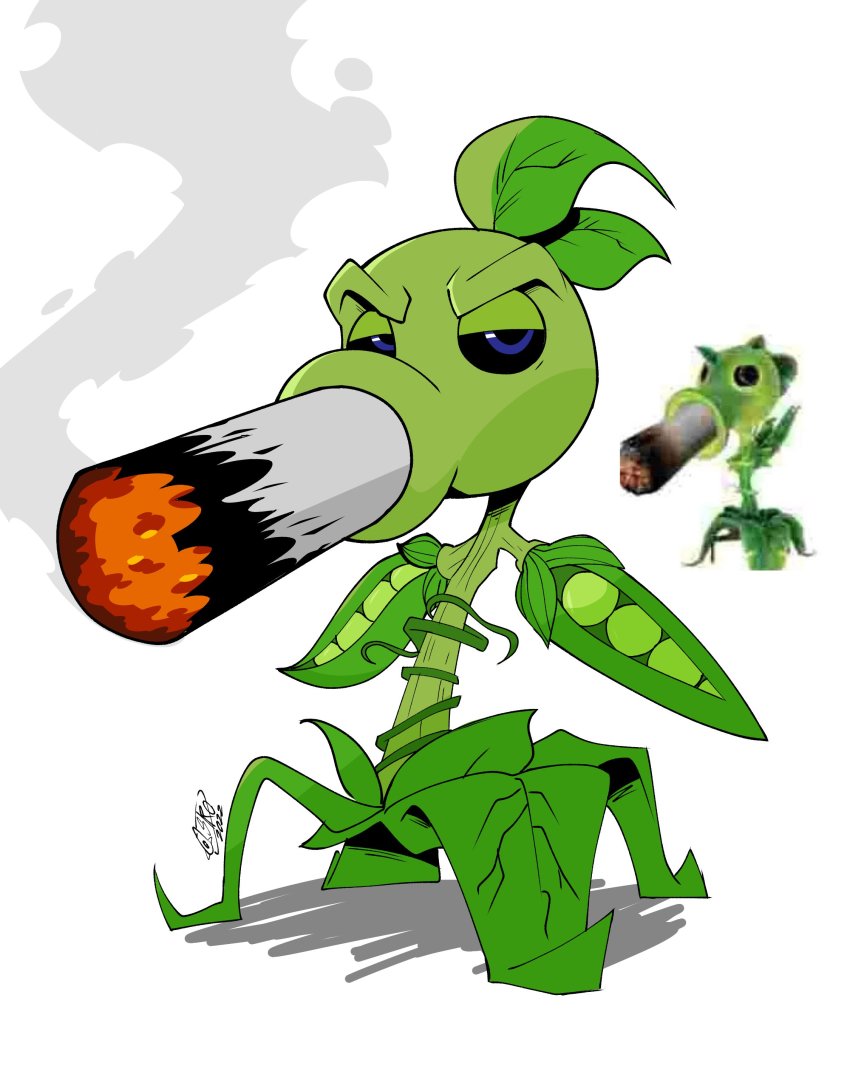 absurdres, astroinfinite, black_sclera, blue_eyes, cigarette, colored_sclera, full_body, highres, leaf, looking_at_viewer, no_humans, peashooter_(plants_vs._zombies), plant, plants_vs._zombies, reference_inset, signature, simple_background, smoke, smoking, solo, white_background