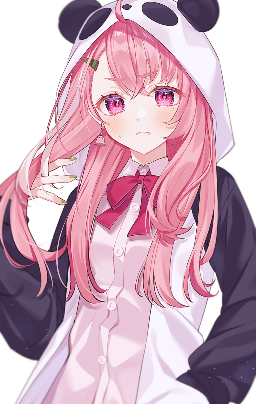 1girl, animal_ears, animal_hood, arm_up, blush, closed_mouth, fake_animal_ears, frown