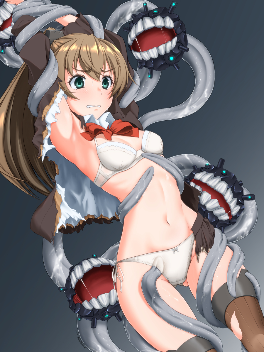 1girl, abyssal_ship, aqua_eyes, armpits, arms_up, blazer, blush, bound, bound_arms, bound_wrists, bow, bow_bra, bowtie, bra, breasts, brown_hair, brown_jacket, brown_thighhighs, clenched_teeth, commentary_request, commission, cowboy_shot, enemy_naval_mine_(kancolle), frilled_bra, frills, green_eyes, hair_between_eyes, highres, imminent_rape, jacket, kantai_collection, koutarou_(plusdrive), kumano_(kancolle), kumano_kai_ni_(kancolle), long_hair, long_sleeves, medium_breasts, navel, panties, ponytail, red_bow, red_bowtie, restrained, saliva, school_uniform, side-tie_panties, skeb_commission, skirt, small_breasts, teeth, tentacles, tentacles_under_clothes, thighhighs, torn_clothes, torn_jacket, underwear, white_bra, white_panties