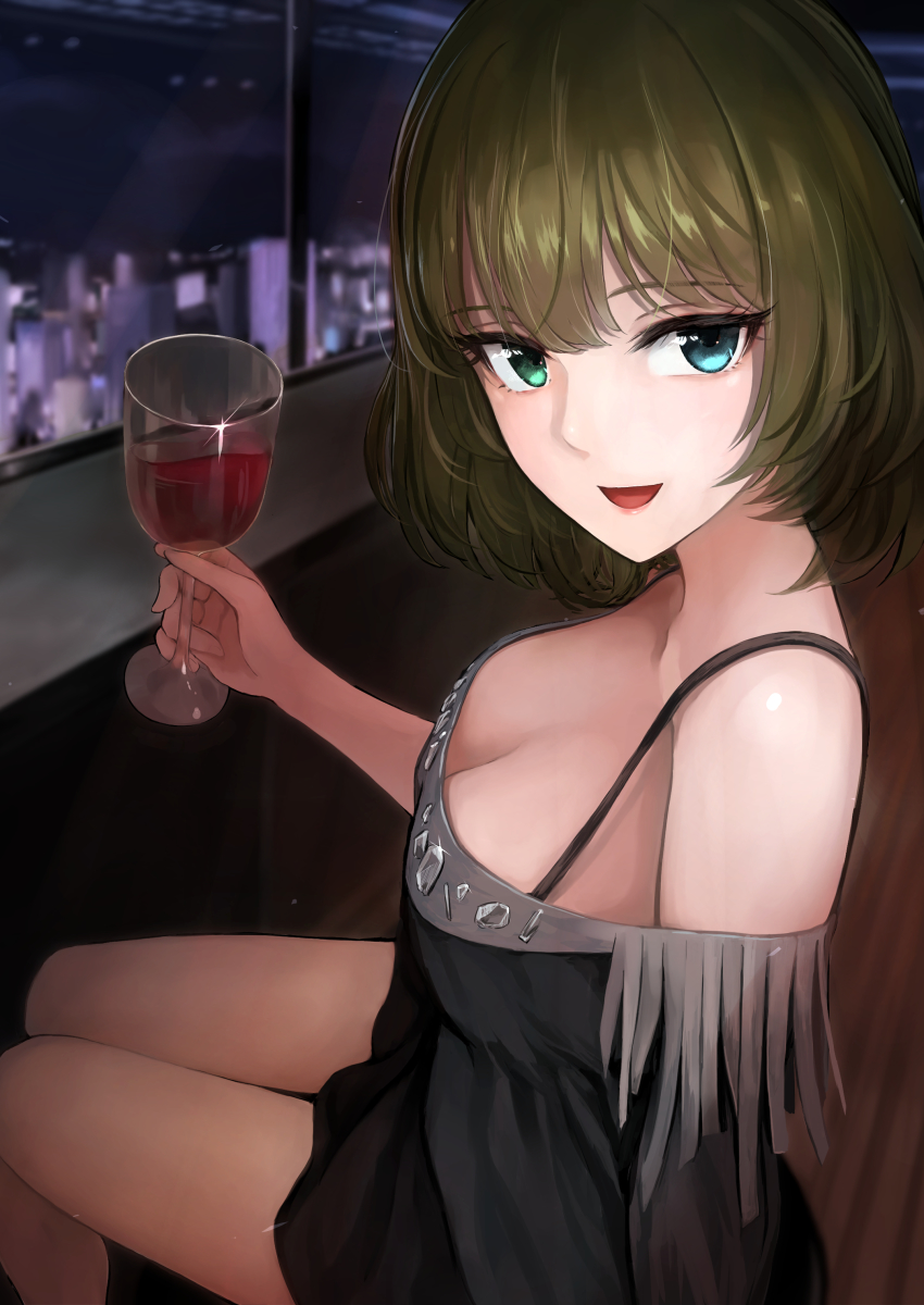1girl, :d, absurdres, alcohol, bare_legs, black_shirt, blue_eyes, breasts, city_lights, cityscape, cleavage, collarbone, cup, drinking_glass, green_eyes, green_hair, hair_between_eyes, heterochromia, highres, idolmaster, idolmaster_cinderella_girls, indoors, kusaba_eru_(happy_crystal), light_blush, long_sleeves, looking_at_viewer, medium_breasts, night, off-shoulder_shirt, off_shoulder, open_mouth, red_wine, restaurant, shirt, short_hair, smile, solo, takagaki_kaede, window, wine, wine_glass