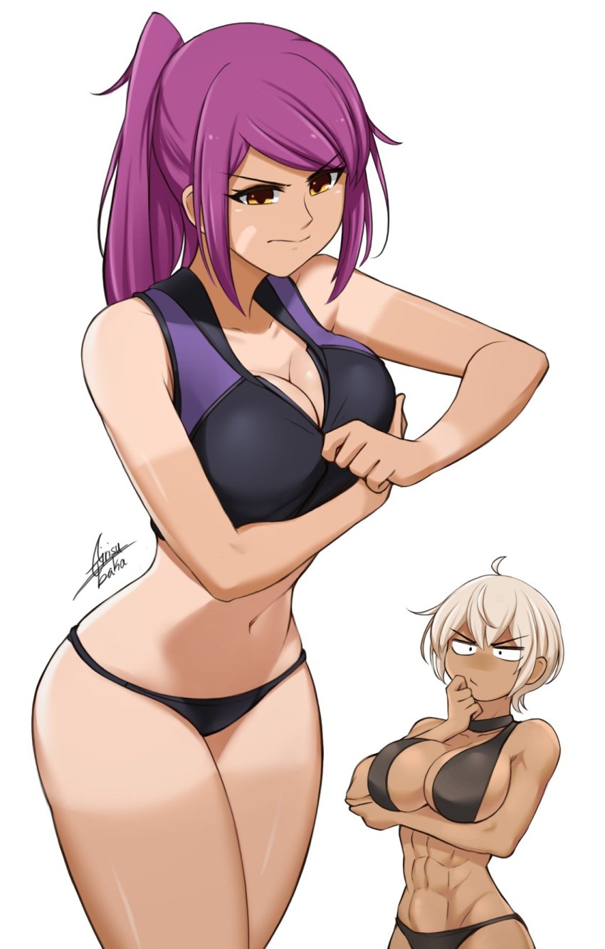 2girls, abs, airisubaka, annoyed, arm_under_breasts, artist_name, bare_arms, bare_shoulders